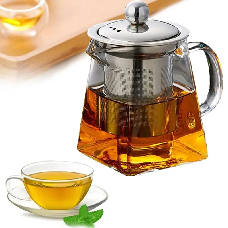 Heat Resistant Glass Teapot With Stainless Steel Coffee Infuser Heated Container Tea Pot Good Clear Kettle Square Filter Baskets_voghion.com