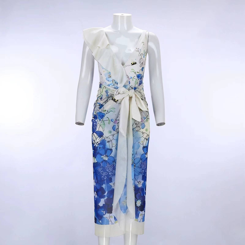 European and American conservative one-piece swimsuit chiffon skirt two-piece set for women's ruffled edge positioning printed casual swimsuit_voghion.com