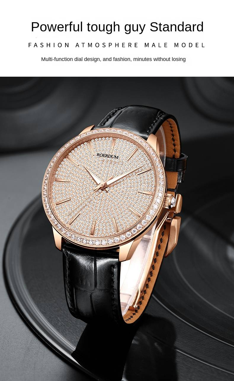 „ROERDUM Cosmic“ serija – prabangaus stiliaus mechaninis laikrodis su auksiniu ciferblatu, pilnais deimantais, vyriškas laikrodis su „Apollo Belt RA6960“_voghion.com