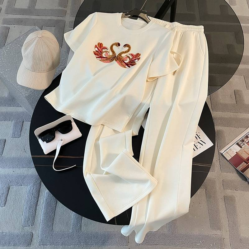 Vêtements pour femmes, tenue de sport décontractée, anti-âge, industrie lourde, col rond brodé, t-shirt à manches courtes, pantalon large, ensemble deux pièces_voghion.com