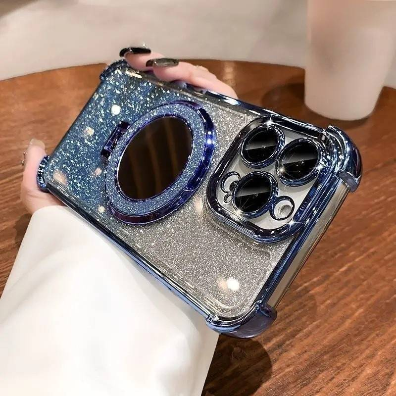 Glitter Mirror Magnetic Stand Case For IPhone 15/14 - Transparent Soft TPU With Reinforced Corners & Electroplated Finish_voghion.com