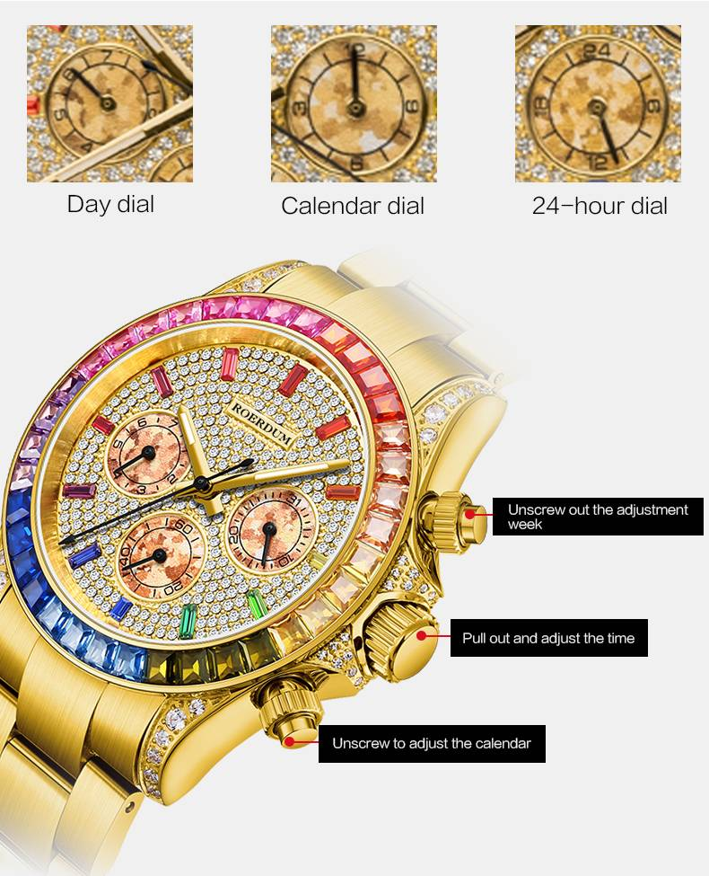 ROERDUM Daytona Rainbow Collection – Goldfarbenes Armband, mehrfarbiges Zifferblatt mit Farbverlauf, hochwertige automatische mechanische Herrenuhr_voghion.com