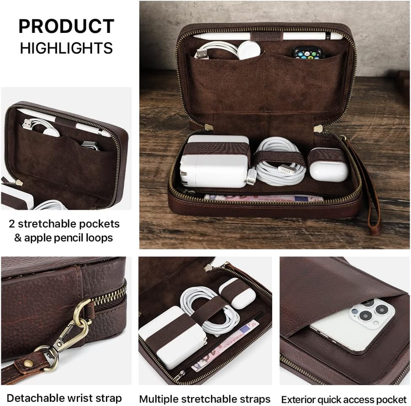 Electronic Organizer Travel Tech Case Leather Electronics Accessories Storage Box Vintage Portable Holder For Phone Charger Cables_voghion.com