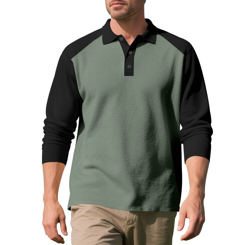 Herren-Poloshirt im amerikanischen Stil für Herbst und Winter im Außenhandel, farbblockiertes, lässiges Golf-Revers-Langarm-T-Shirt als Basisschicht_voghion.com