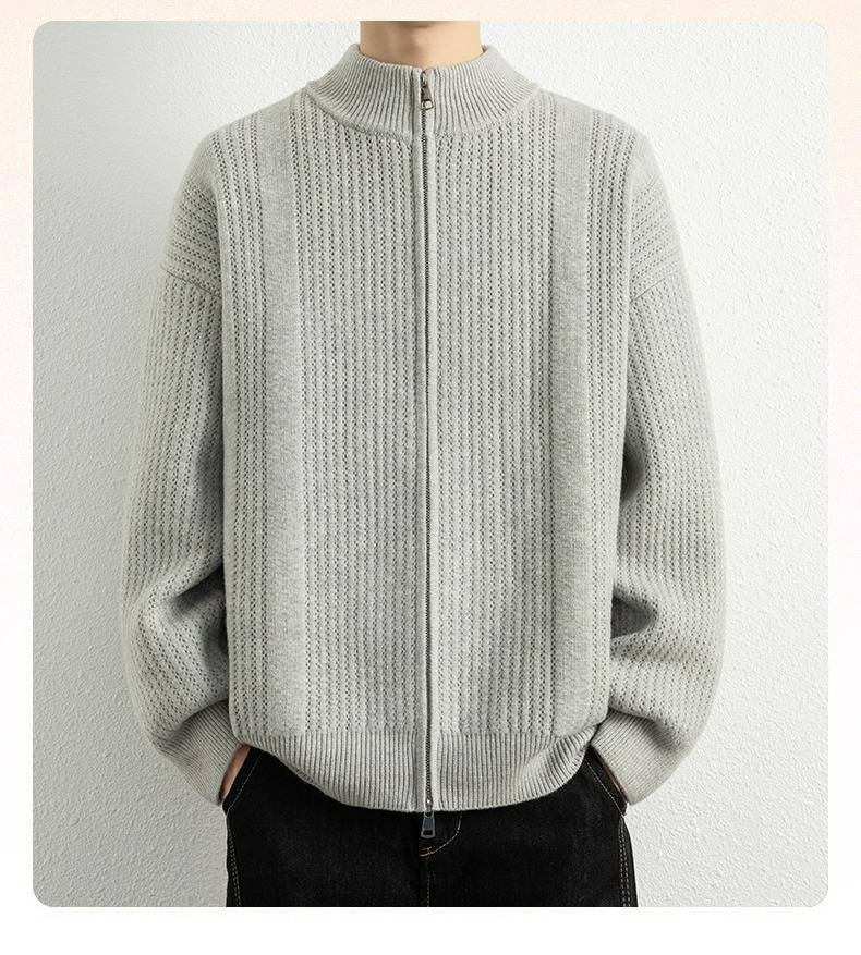 Herbst und Winter Herren Neue Stehkragen Doppelreißverschluss Strickjacke Modische Casual Solid Color Vielseitige Pulloverjacke_voghion.com