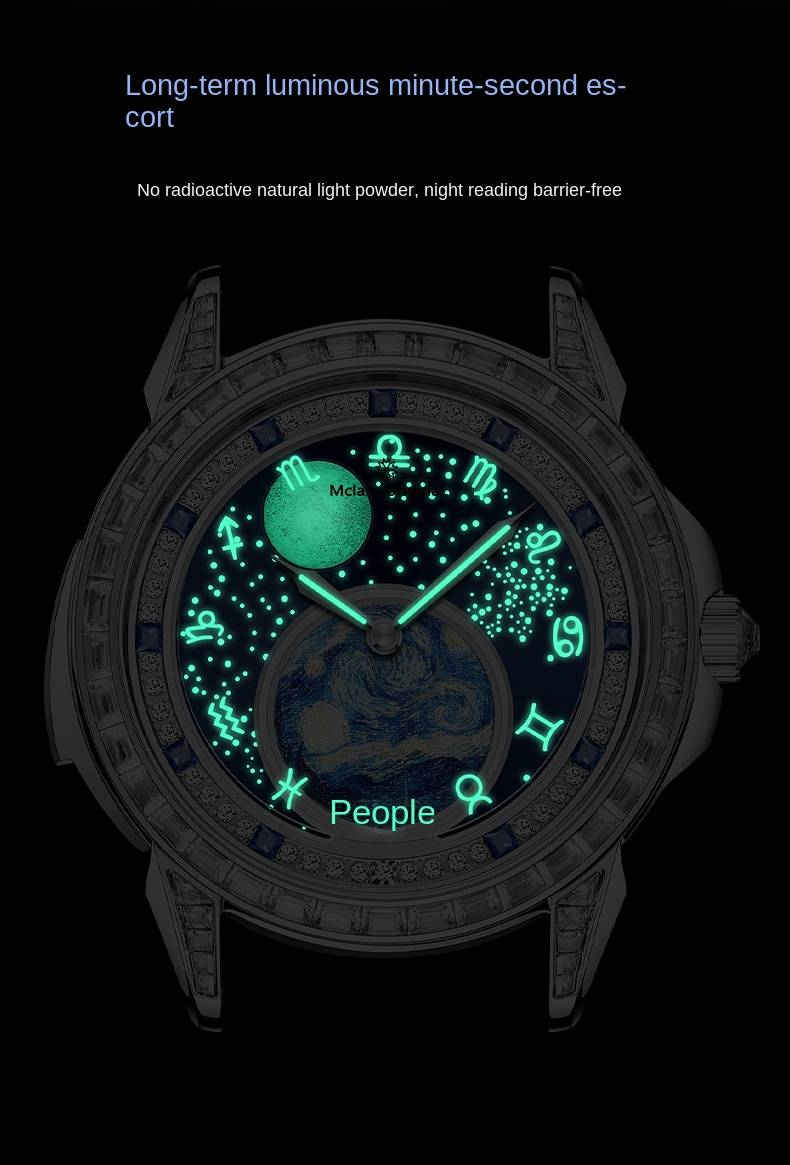 McLaro Infinite Universe Kollektion: Mechanische Zodiac-Herrenuhr mit blauem Zifferblatt und Kalbslederarmband. Vielseitig für die Freizeit._voghion.com