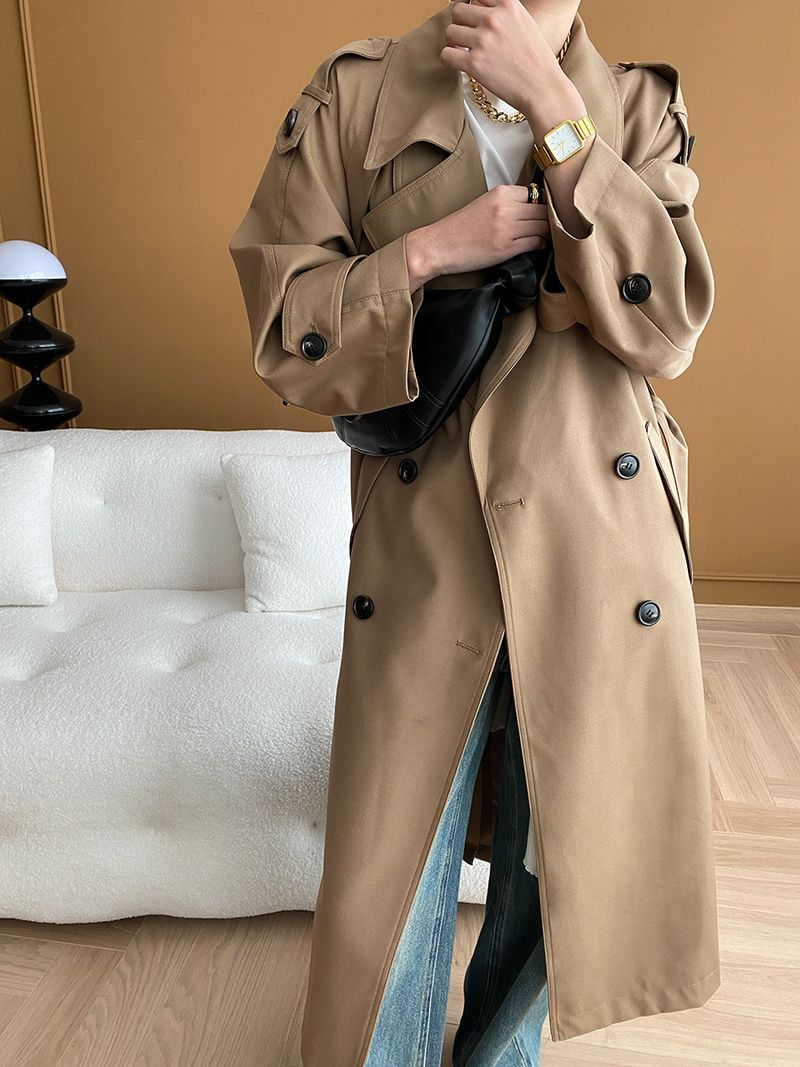 Trench lungo doppiopetto minimalista di lusso da donna, antipiega, per autunno inverno_voghion.com
