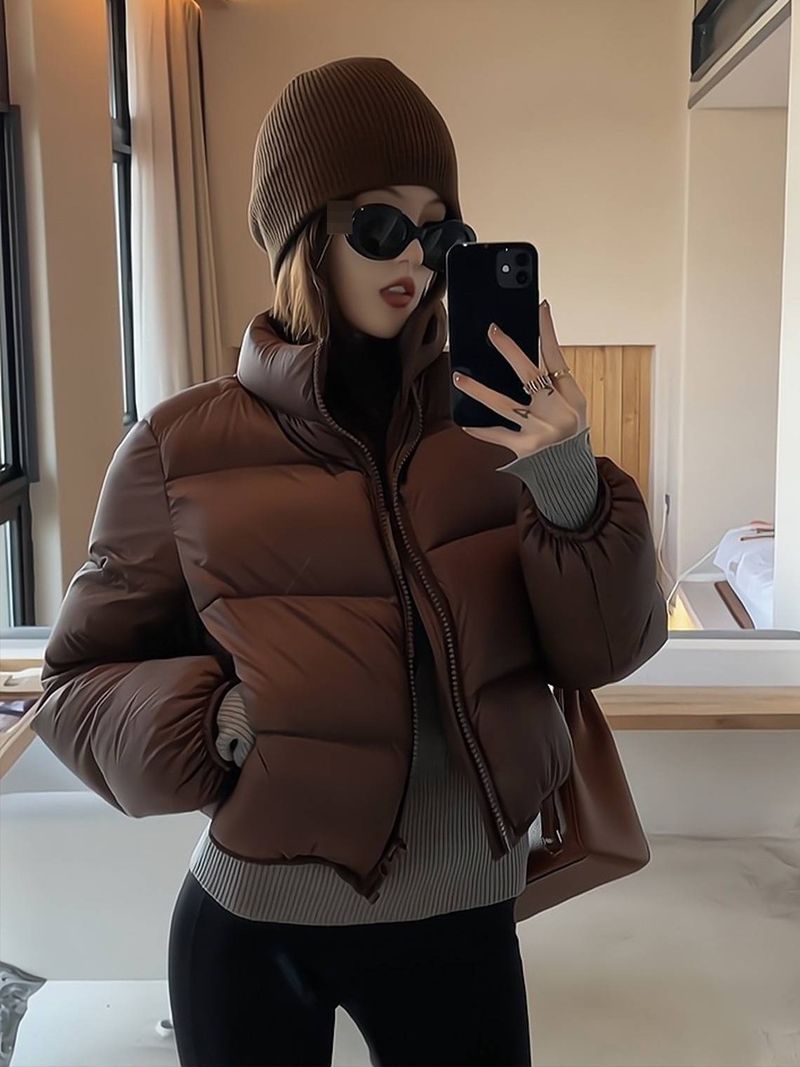 Kurze Pufferjacke für Damen, Oversize-Steppmantel mit Stehkragen, trendige Winter-Streetwear für lässigen & urbanen Style_voghion.com