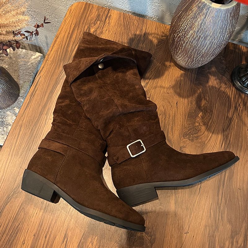 Autumn And Winter Hot Long Boots For Women, Frosted Suede Pile Boots, Thick Heel, Square Toe, Straight Legs, Retro Pile Boots_voghion.com