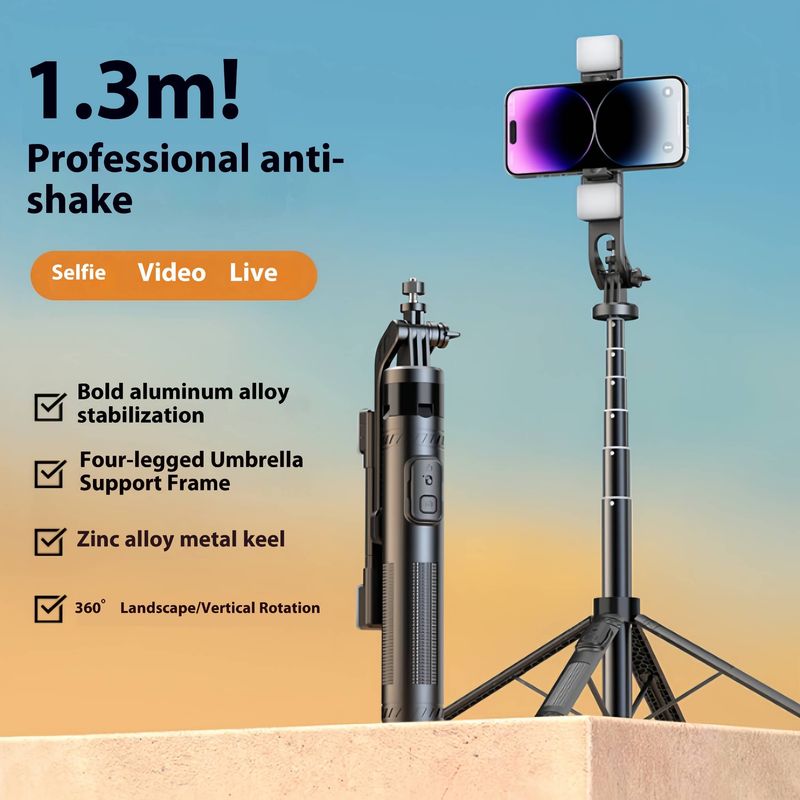 Professionelles 4-Bein-Stativ mit zwei LED-Leuchten und Bluetooth-Fernbedienung, 130 cm verstellbarer Telefonhalter für Vlog/Live-Streaming_voghion.com