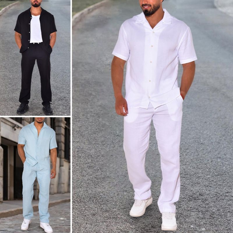 Tuta estiva casual estiva ampia a maniche corte T-shirt pantaloni lunghi elastici a quattro lati da uomo_voghion.com
