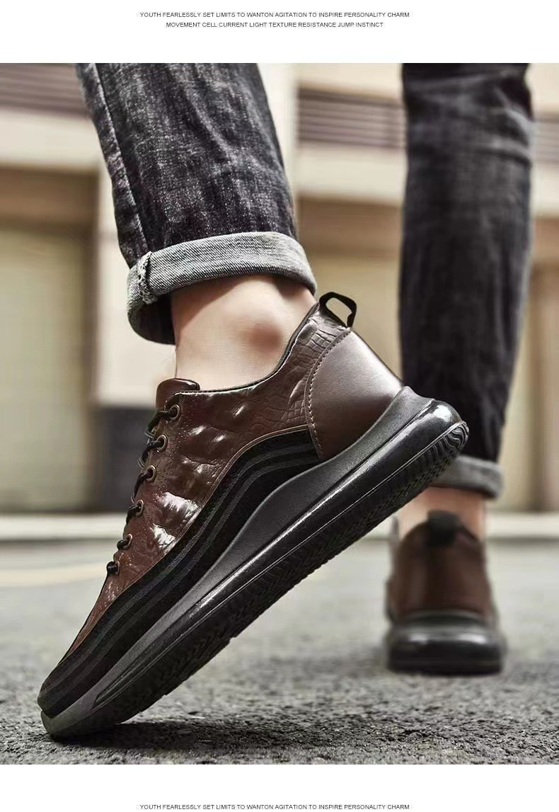 2024 Spring New Crocodile Pattern Leather Casual Trendy Elevated Bottom Lacing Men's Shoes_voghion.com