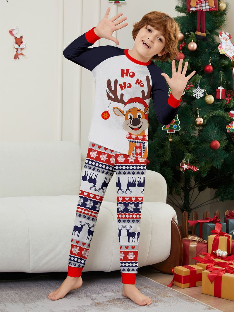 Europäische und amerikanische Eltern-Kind-Heimkleidung. Neues Weihnachtshirsch-Eltern-Kind-Set für vier- oder fünfköpfige Familie. Rundhalsausschnitt, langärmliger bedruckter Pyjama_voghion.com