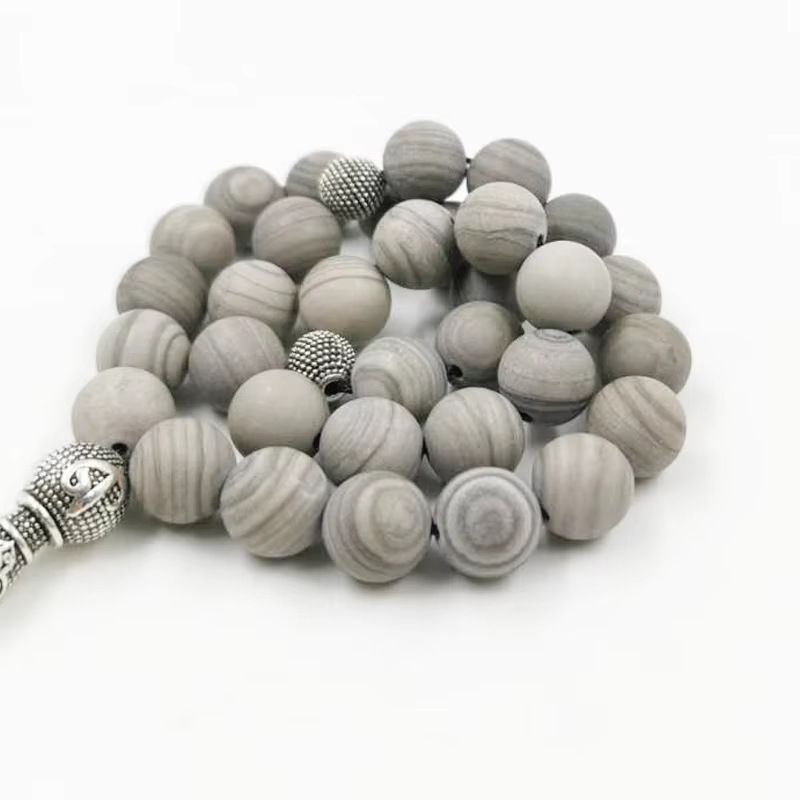 Müslüman Dua Tespihi Yeni Ahşap Desenli Taş 10mm Doğal Taş 33 Pirinç Boncuk Bileklik Günlük İbadet TASBIH_voghion.com