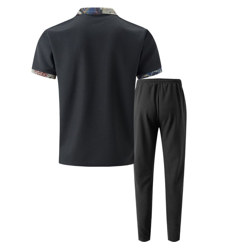 Roupas masculinas Nova juventude Waffle lapela cor combinando bolso manga curta calças terno casual_voghion.com