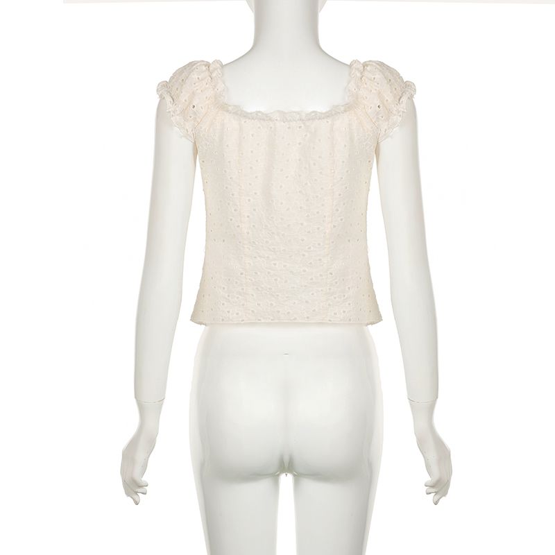 Hot Selling CIBBAR Sexy Sweet Crop Top Chic Hohle Out Lächer Kuerzärm T-Shirt Vintage 2000er Schnür-up Split T-Shirten Damen_voghion.com