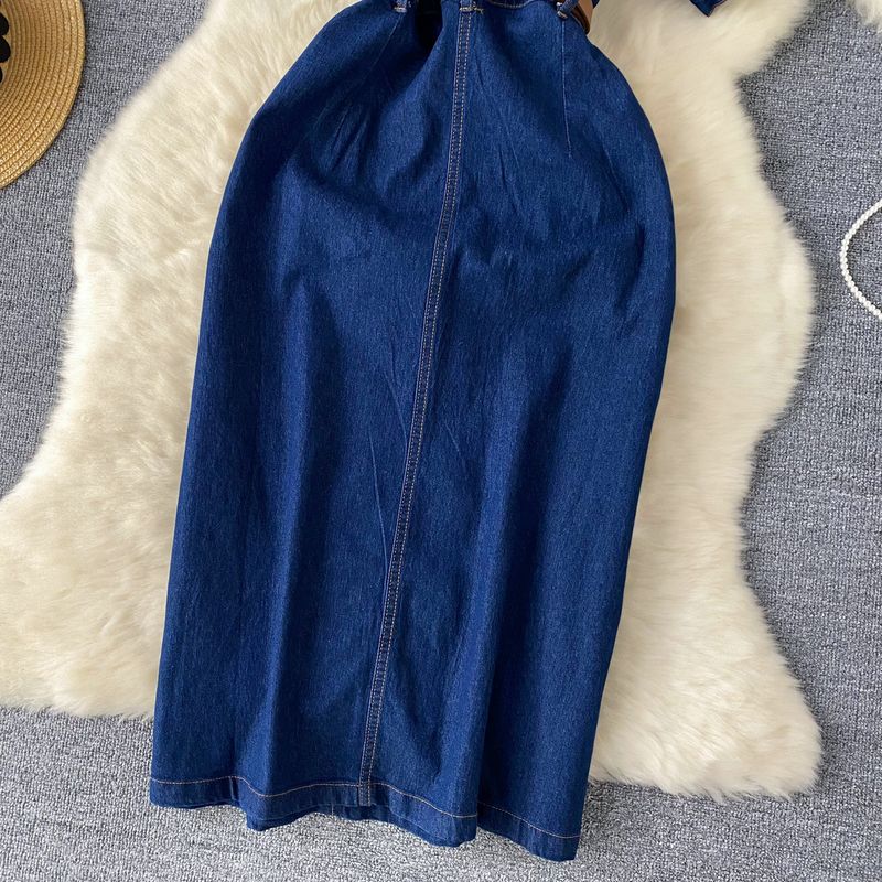 Dameskleding Licht Luxe Celebrity Stijl High End Polo Kraag Denim Jurk Voor Vrouwen Zomer Split Taille Riem Ontwerp Niche Temperament Lange Rok_voghion.com