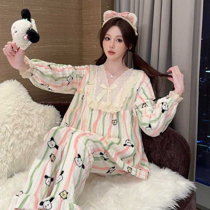 2024 Inverno Nuovo Lungo Peluche Jacquard Dolce Carino Set Largo Taglie Forti 250kg Vestiti da Casa Indossabili_voghion.com