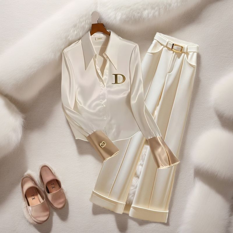 Effortless Office-to-Outing Set – Structured Champagne Blouse + Fluid Wide-Leg Trousers (S-3XL) – Minimalist Power Dressing_voghion.com