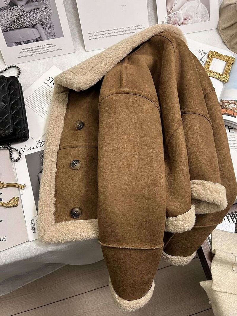 Cappotto monopezzo in pelliccia scamosciata per donna, corto e spesso, autunno e inverno 2024, nuovo completo da motociclista con giunture in pelliccia di agnello larga_voghion.com