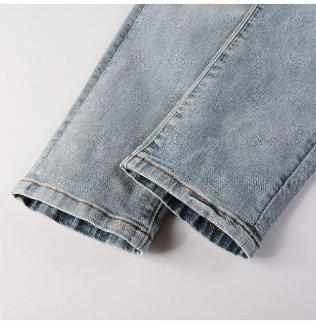 Men Leather Patches Denim Jeans Streetwear Holes Ripped High Stretch Pants Light Blue Skinny Tapered Trousers_voghion.com