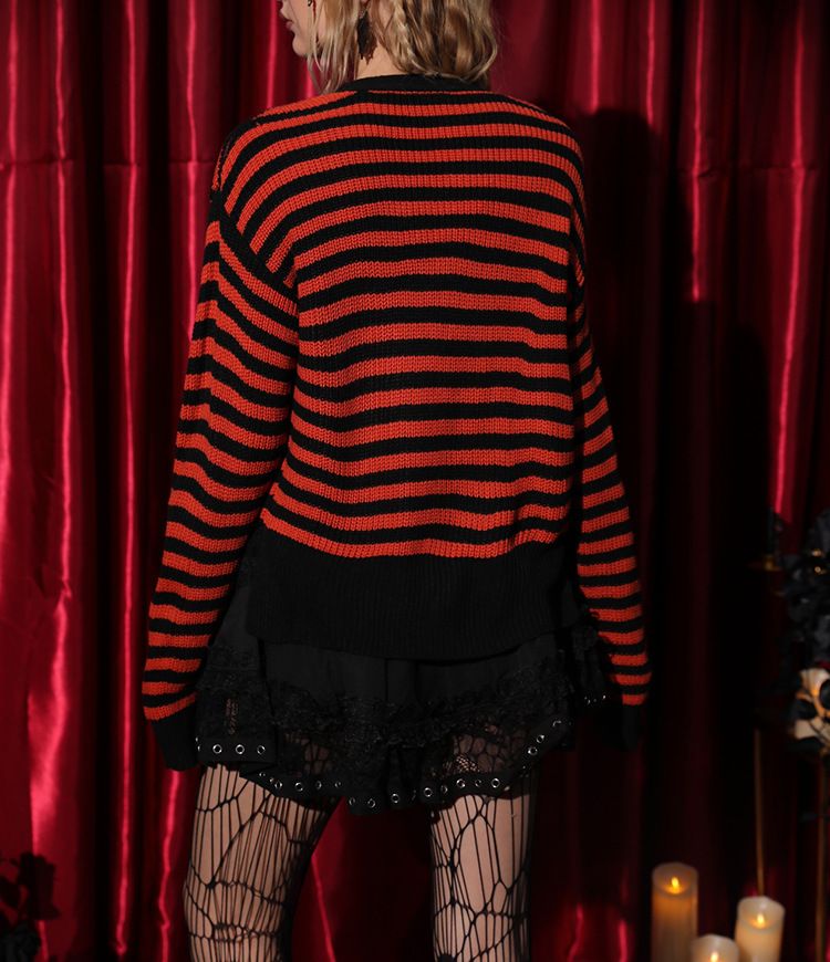 Halloween costume striped knitted tops autumn and winter new V-neck women's knitted tops_voghion.com