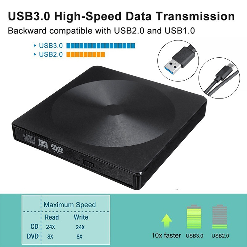 Black External DVD CD Burner Drive USB 3.0 Type C DVD CD RW Drive Writer Burner Optical Player PC Laptop Tablet DVD Player_voghion.com