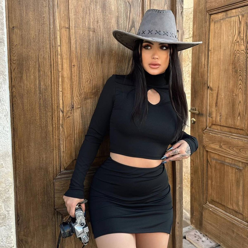 Nova moda outono feminina manga longa camiseta skinny e mini saia sexy conjunto feminino roupas casuais conjuntos de saias simples_voghion.com