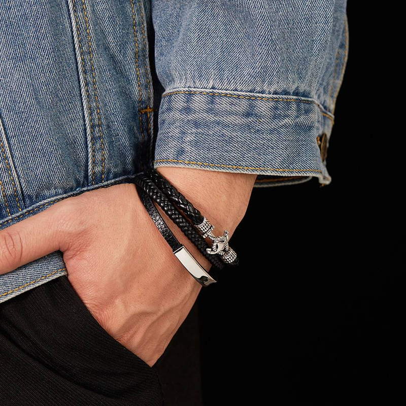 Punk stijl roestvrij stalen armband boot anker lederen touw lederen armband man_voghion.com