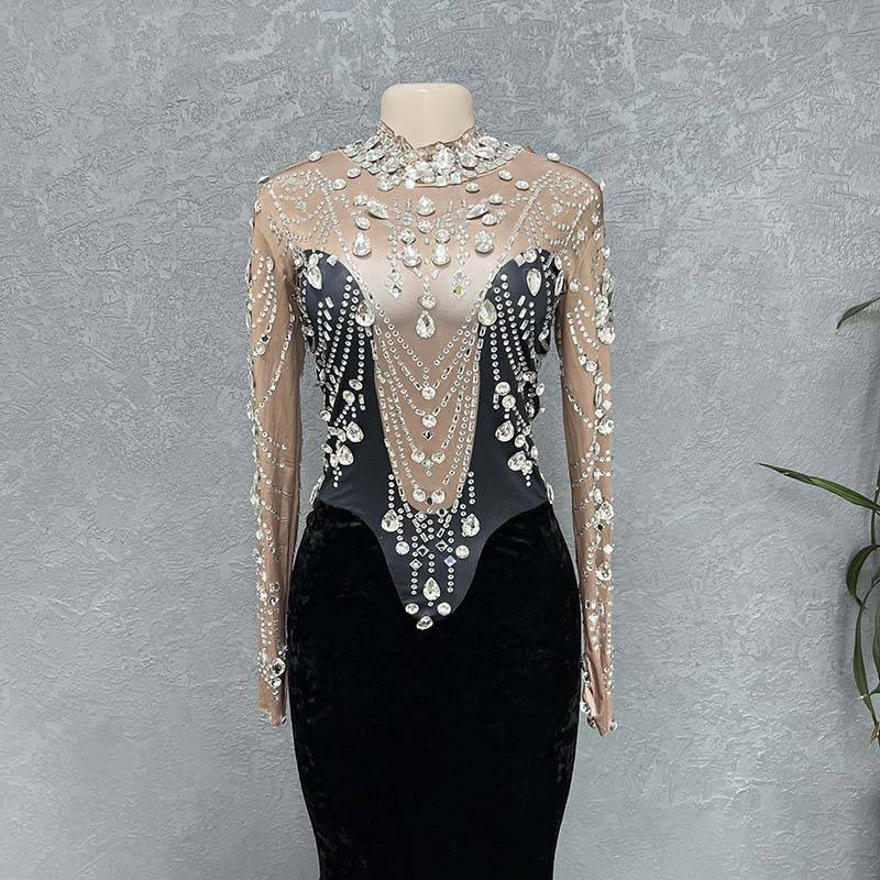 Women’s Clothing Elastic Velvet Fabric, Rhinestone, Sequin, Tassel, Sexy And Figure-hugging Custom Performance Costume Evening Dress_voghion.com