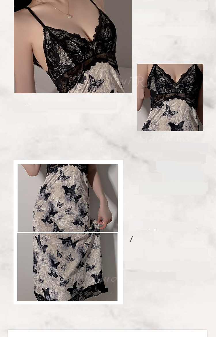 Women's Clothing Guiruo Underwear Pure Desire Ancient Style Butterfly Print Plus Chest Pad Suspender Nightdress Outer Robe Home Clothes_voghion.com