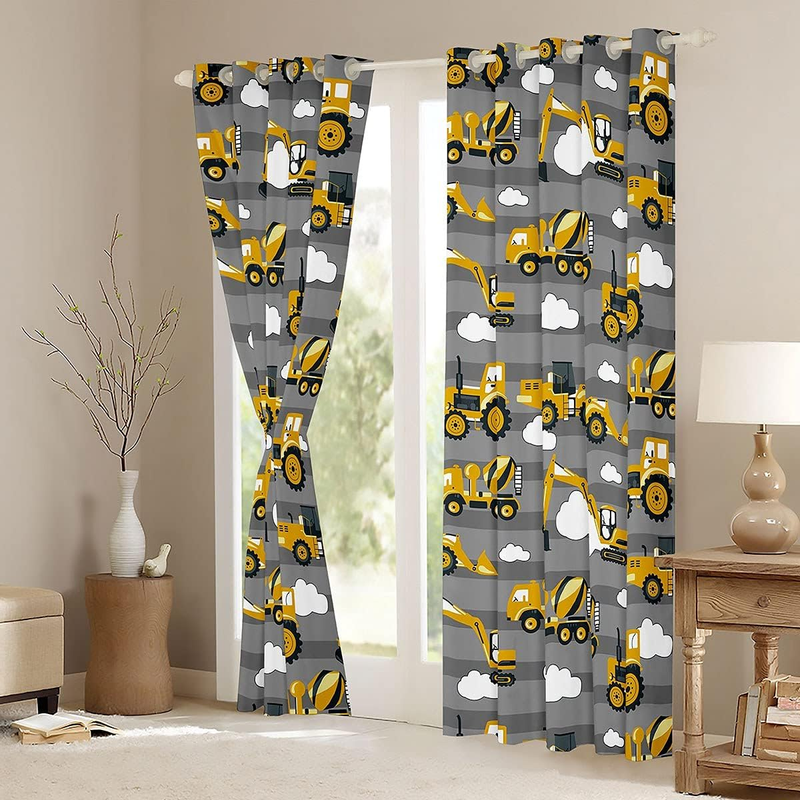 Boys Excavator Cartoon Yellow Truck Crane Window Curtains Mixer Cute Kids Heavy Machinery Decor Curtains Tractor Window Drapes Grey Stripe Curtains_voghion.com