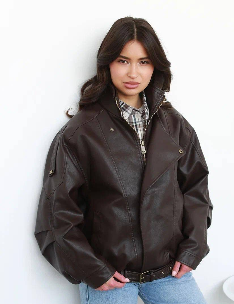 Giacca in montone PU con doppio collo (silhouette oversize + bordo tribale)_voghion.com