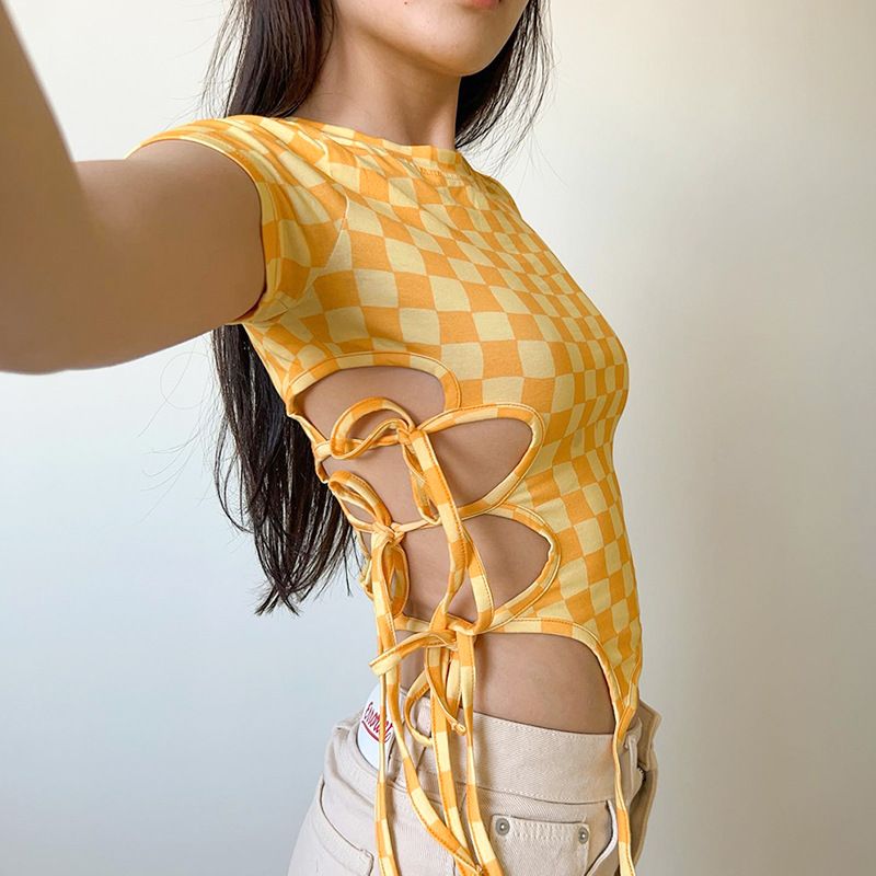 Q23TP238 Top asimétrico con lazo lateral a cuadros amarillos irregulares para verano, nuevo_voghion.com