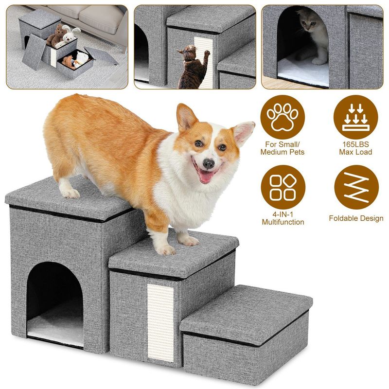 Dog Stairs For Bed And Couch 42cm H, Foldable Dog Stairs For Small Older Dogs Cats, 4 In 1 Adjustable Pet Cat Stairs Steps With Storage, Dog Ramps With Condo, Cat Scratcher, Hold Up To 180LBS_voghion.com