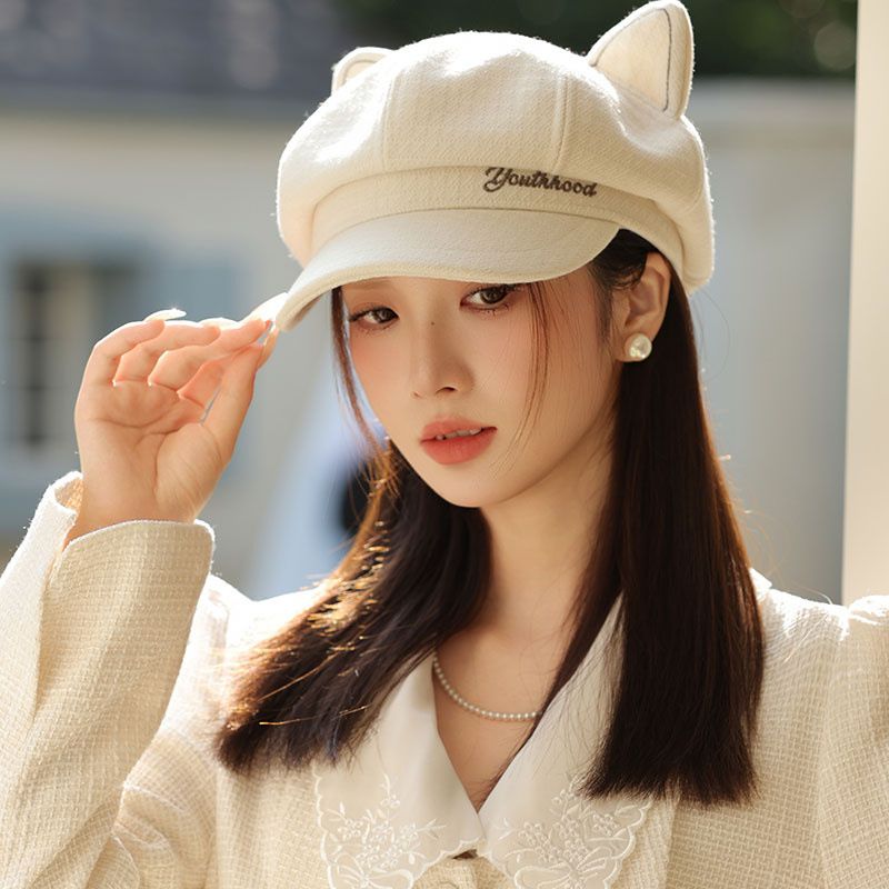 Cappello ottagonale da donna in stile britannico autunno inverno, grande circonferenza della testa, basco snellente, versatile, con orecchie da gatto_voghion.com
