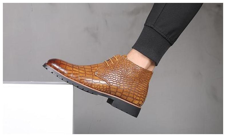Men's Pointed Casual Leather Boots, Front Lace Up Breathable, Mid Heel, Large Martin Boots, Men's Shoes_voghion.com