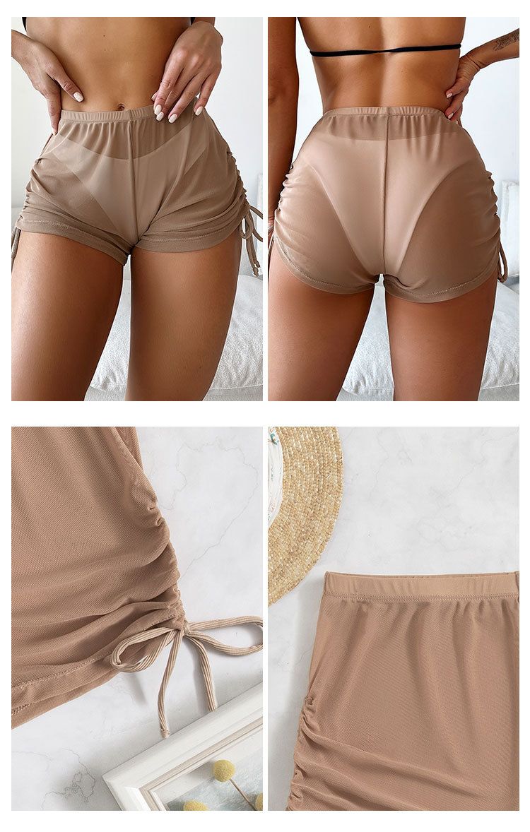New European And American Sexy Solid Color Swimsuit Women's Four Corner Transparent Mesh Drawstring Beach Swimming Trunks Bikini Shorts_voghion.com