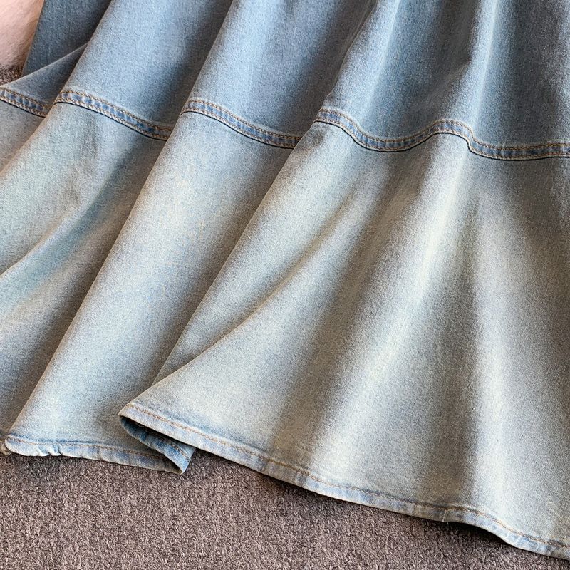 Women's Clothing Elegant Two-Piece Denim Set - Square Neckline With Puff Sleeves & High-Waisted Ombre Skirt (Light Blue, S/M/L/XL)_voghion.com