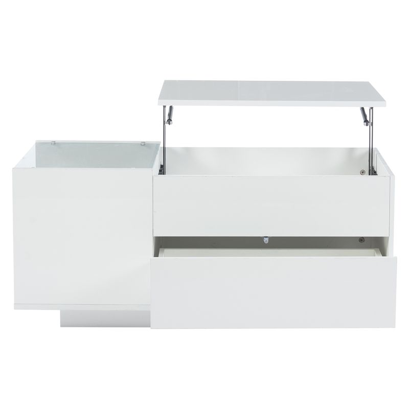Table basse réglable en hauteur 95 x 48 x 42 cm avec rangement dissimulé, éclairage LED, tiroir et prise – Table d'appoint de salon blanche_voghion.com