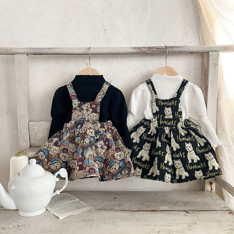 Mother&Kids Girls' turtleneck puffy sleeve base shirt + cartoon suspender skirt set Instagram baby two-piece fashion set_voghion.com