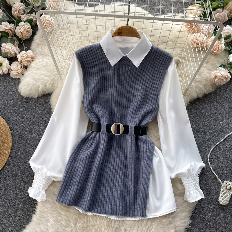 Set de două piese pentru femei, cămașă albă cu mâneci lungi și vestă din tricot despicat_voghion.com