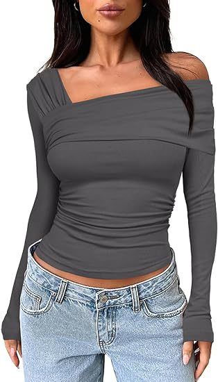 Camicetta da picnic monospalla a maniche lunghe con volant, camicia slim Y2K da donna_voghion.com