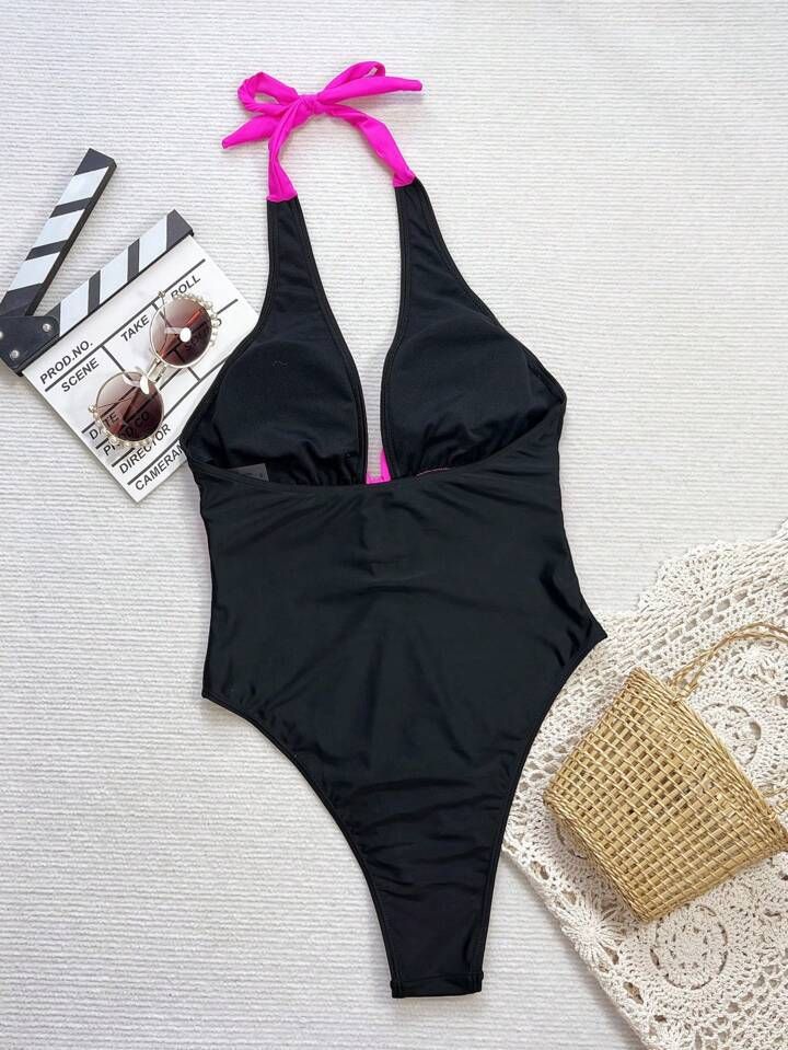 Maillot de bain une pièce sexy avec grand nœud papillon – Maillot de bain en nylon couleur unie pour femme, style européen avec coussinet de poitrine_voghion.com