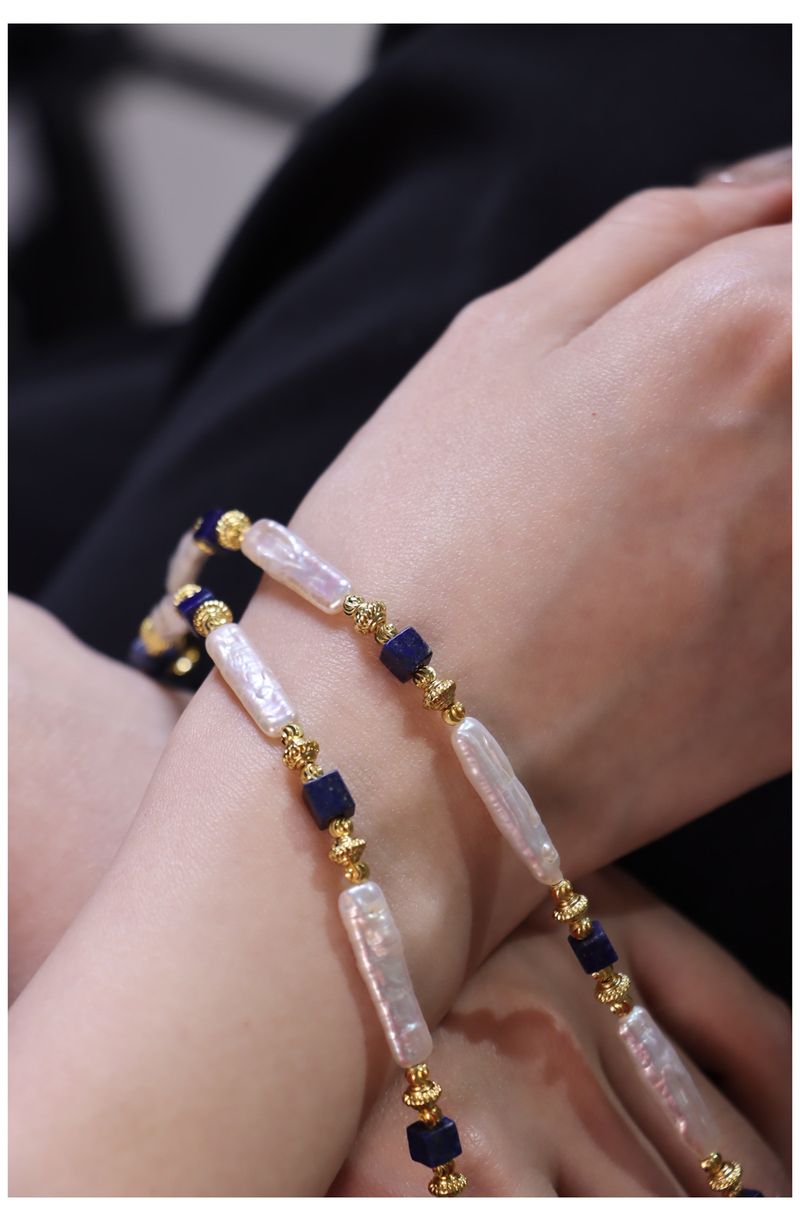 Natural Baroque Lapis Lazuli & Freshwater Pearl Beaded Necklace | Niche Design Light Luxury Clavicle Chain_voghion.com