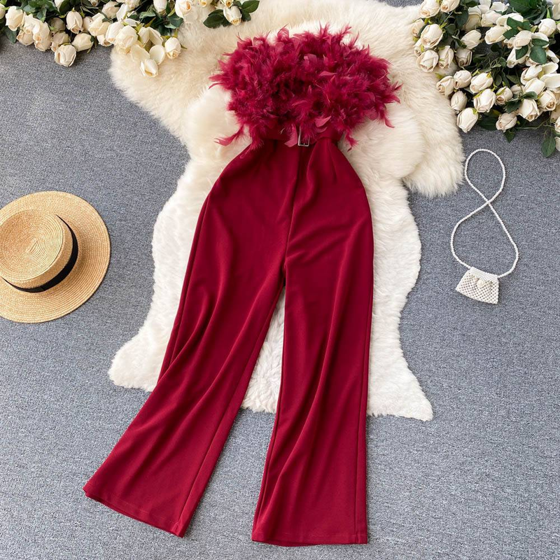 Dress Feather One Shoulder Strapless Jumpsuit For Women's New Loose Wide Leg Straight Leg Pants_voghion.com