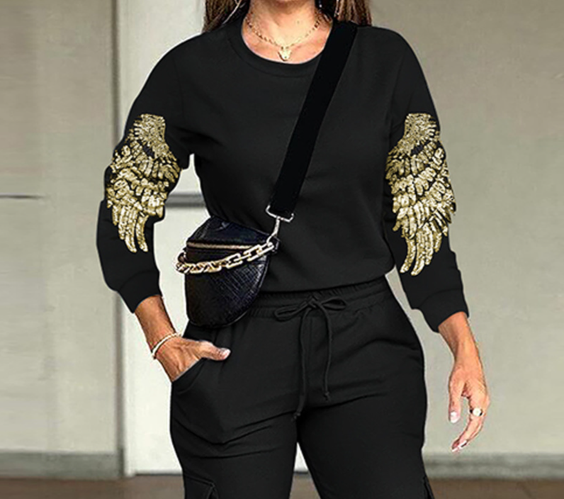 Vêtements pour femmes LZS7514M Ensemble haut + pantalon décoré d'ailes à paillettes pour femmes 2 pièces_voghion.com