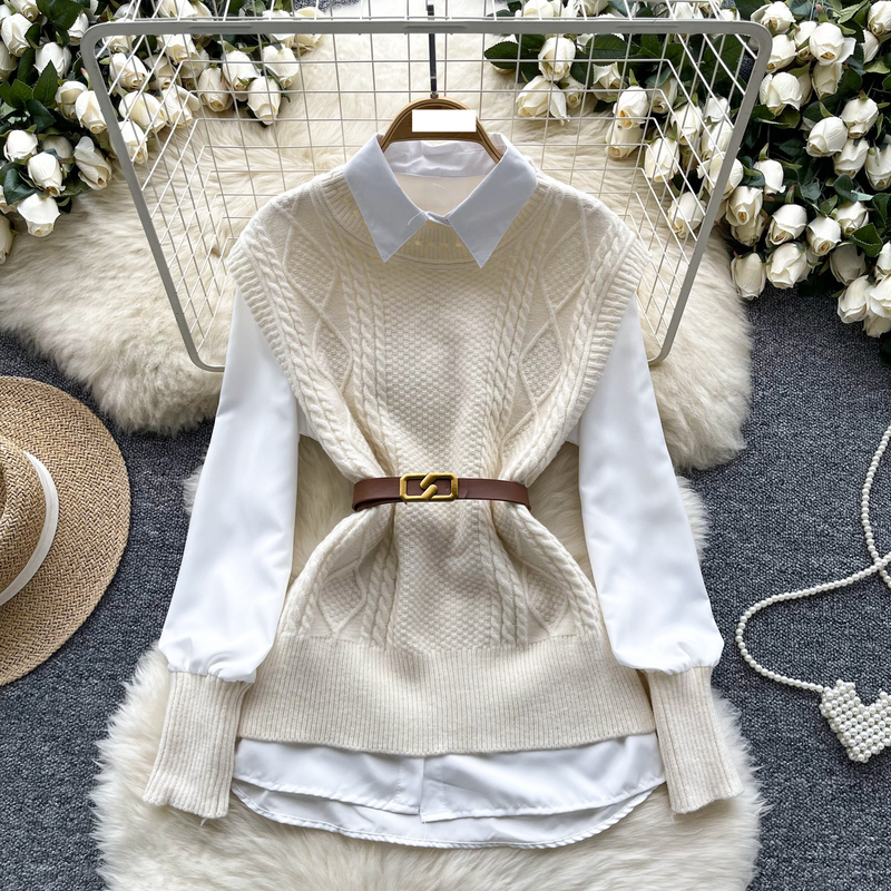 Damenbekleidung Weste Damen Herbst Zweiteiler Modischer und vielseitiger ärmelloser gedrehter Strickweste mit langärmligem Hemd innen_voghion.com