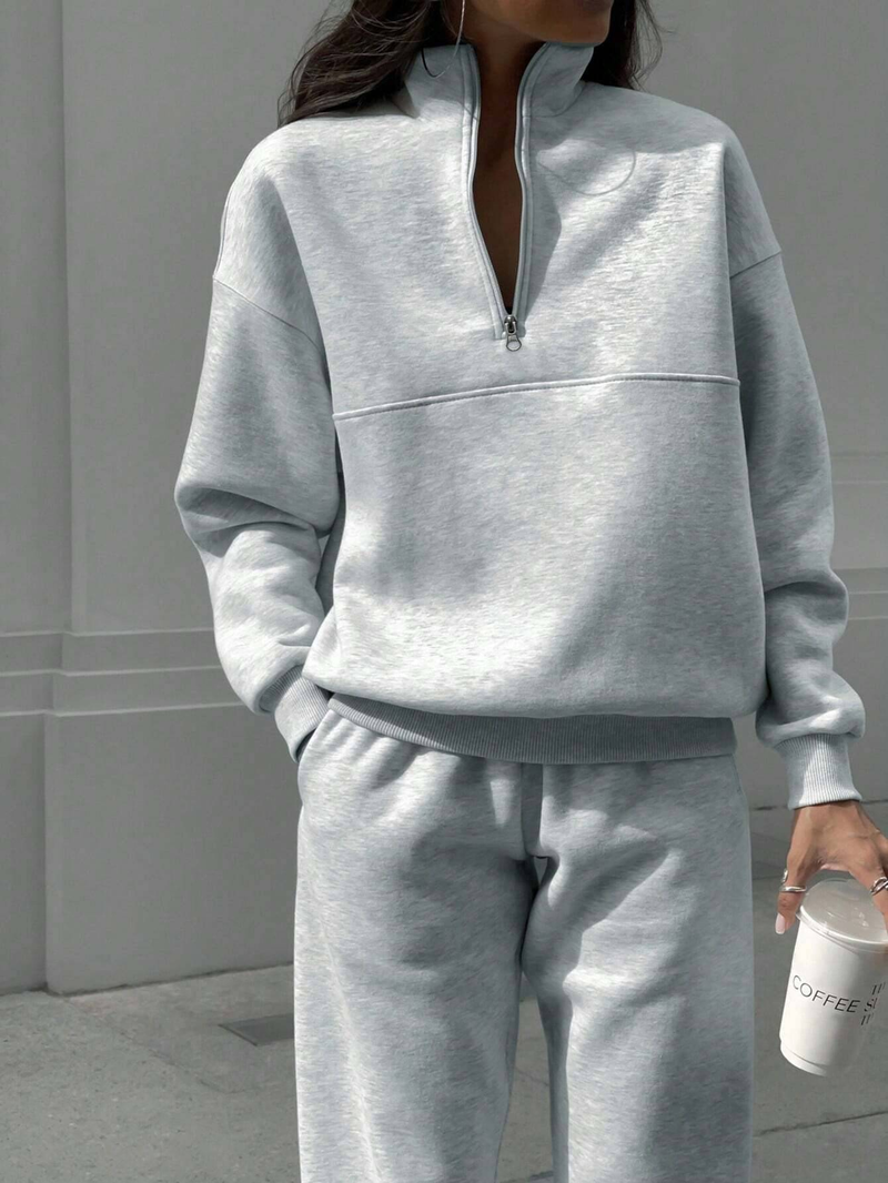 Survêtement d'automne pour femme avec fermeture éclair, ensemble deux pièces décontracté en coton, surdimensionné, blanc, pantalon de sport classique pour femme_voghion.com