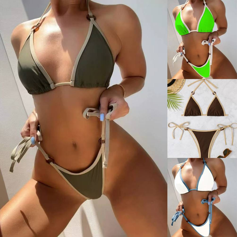 Roupas femininas Cor sólida Dividir Biquíni Suspensórios Senhoras Maiô Fabricantes_voghion.com